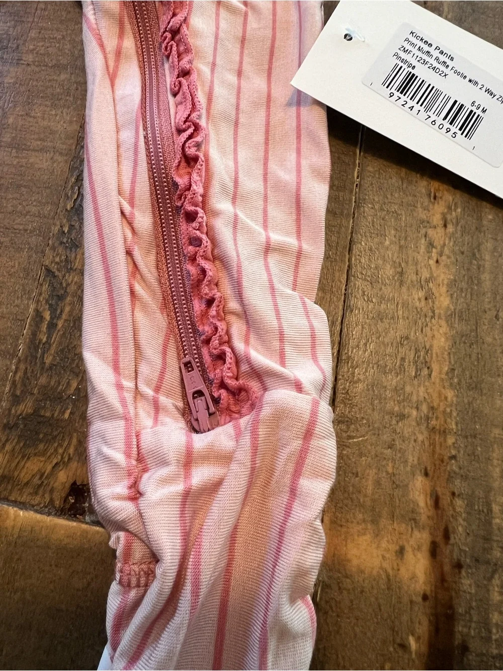 Kickee Pants size 6-9 months pink stripe ruffle with two way zipper footie new